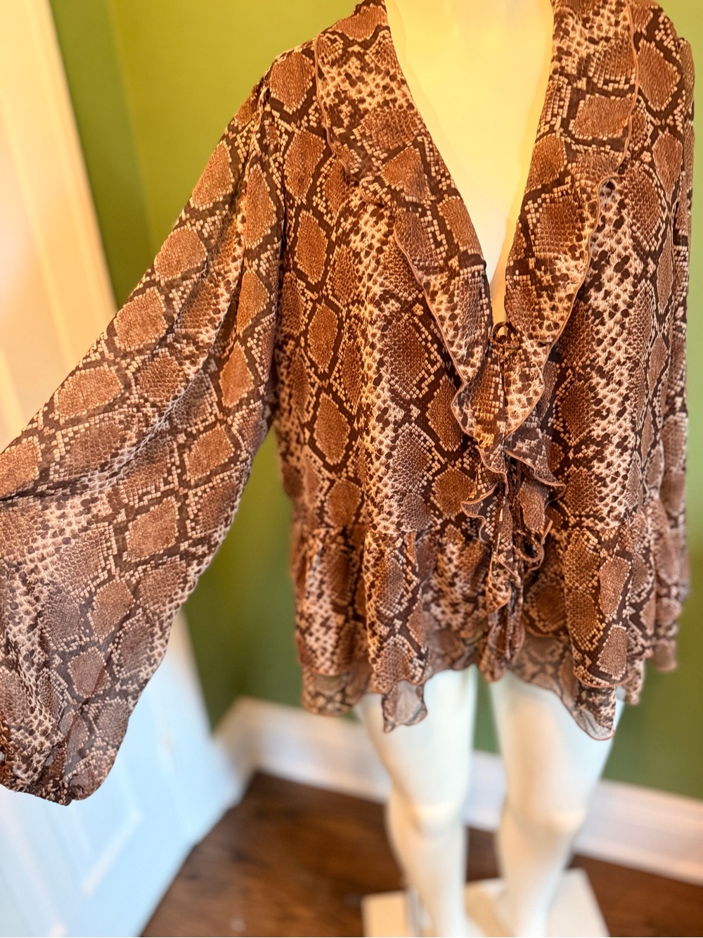 HAVER - Snake-Print Ruffle Front Women's Sweater - Brown - Picture 2 of 7